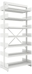 Estante para Biblioteca dupla 4 - Base mais prateleiras com retentores laterais - Medidas: 2300x965x580mm - 14 prateleiras (modelo duplo - foto acima) ou de 6 prateleiras no modelo simples.